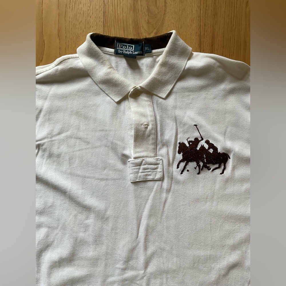 Ralph Lauren Creme Long Sleeve Polo with Brown Accents, Size XL - Picture 3 of 7